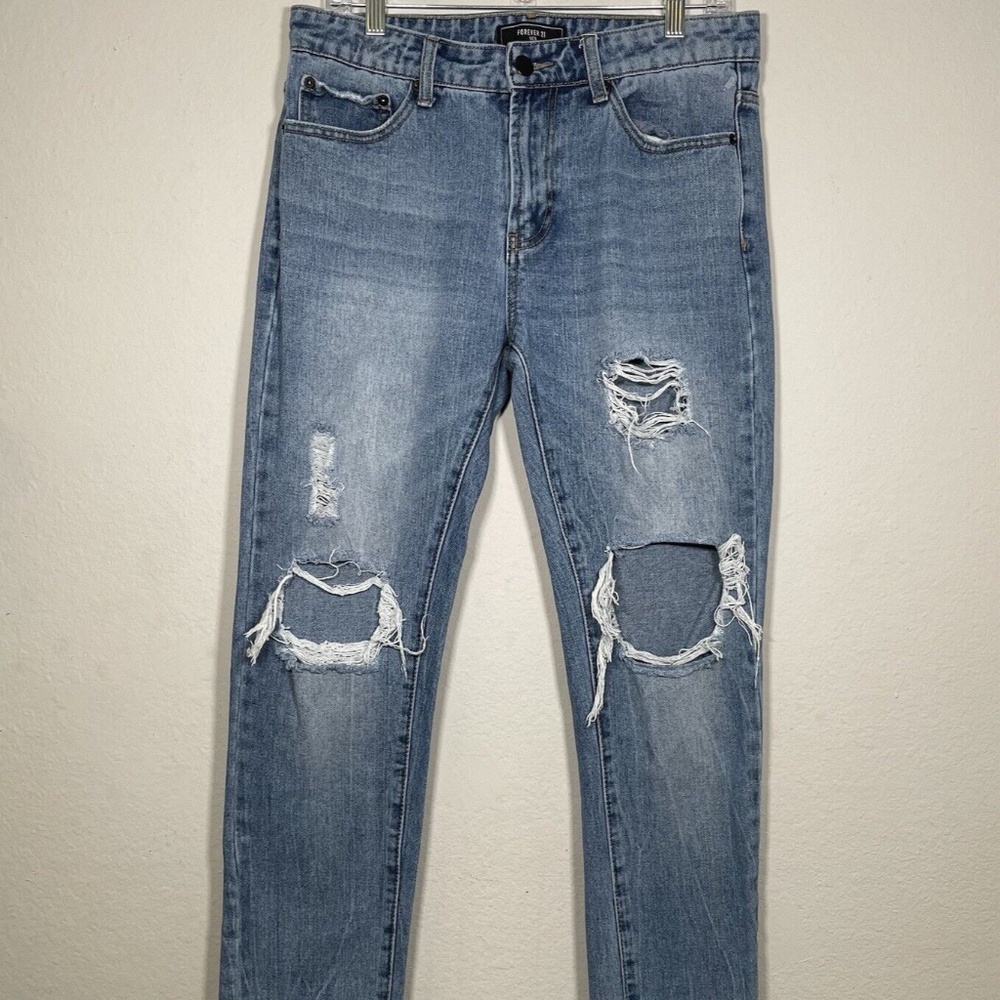 Forever 21 Men Blue Denim Straight Leg Medium Wash Distressed Jeans Men Size 32